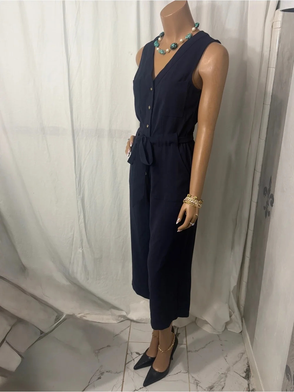 a new day Navy Button-Front Tie Waist Sleeveless Jumpsuit☑️ - Picture 8 of 9